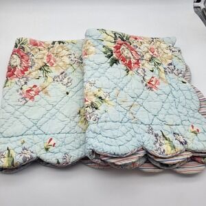 Soft Surroundings Quilted Pillow Shams Blue Floral With Stripes On Back Set Of 2
